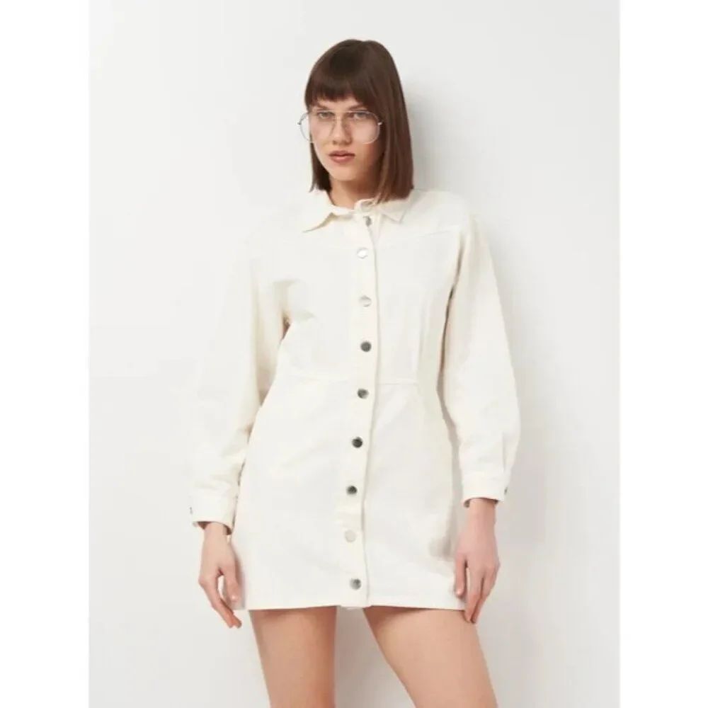 Zara Womens Jean Dress Mini XL White Button Front Long Sleeve Denim 3038/544 NWT